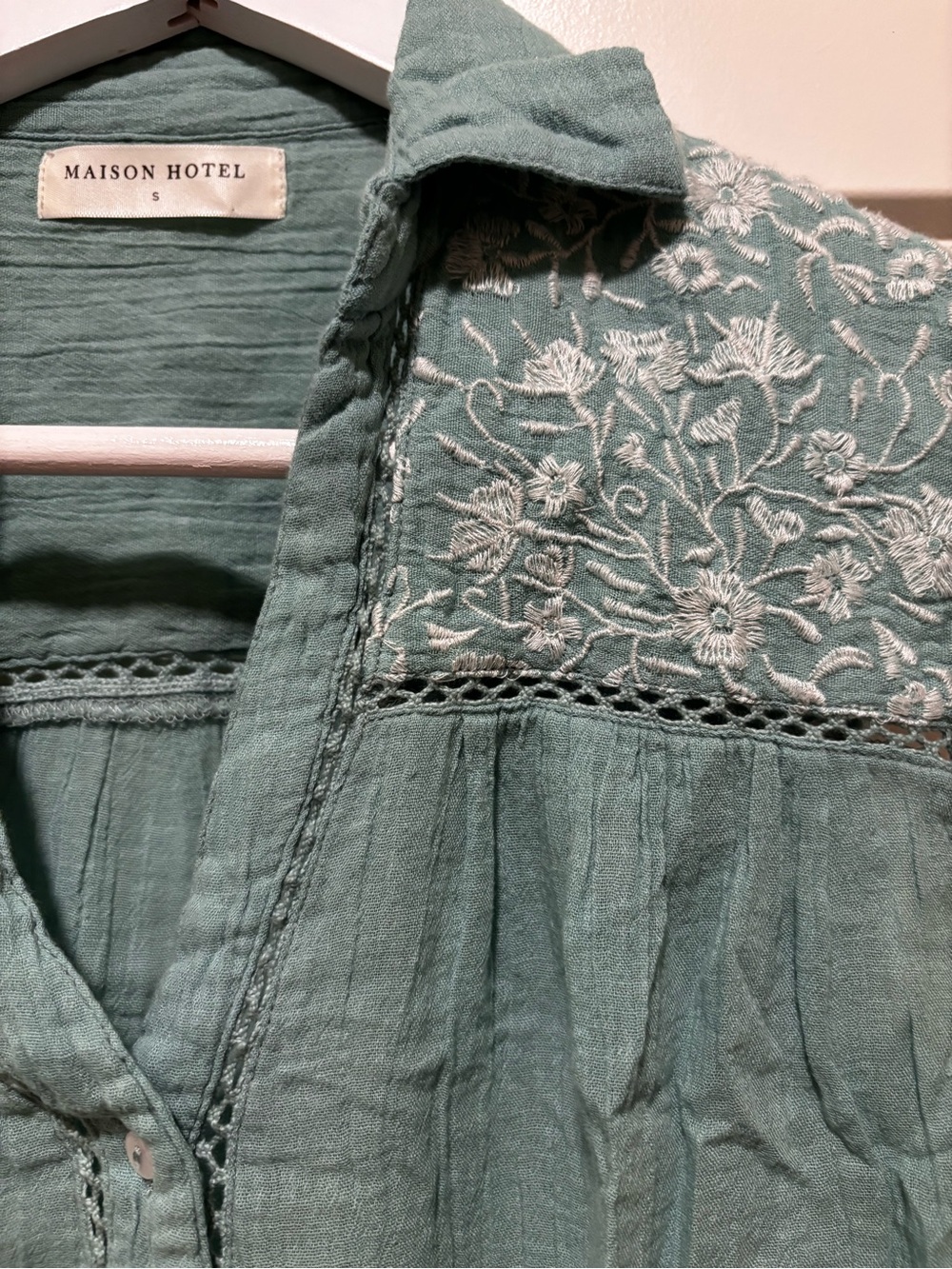 Maison Hotel Sage Green Embroidered Button-Up Tunic
